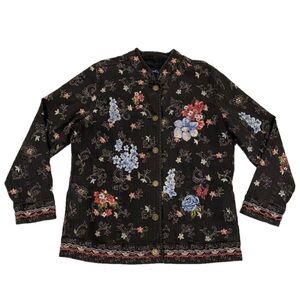Vintage Denim & Co Embroidered Floral Jean Jacket Women’s L Colorful Button Down